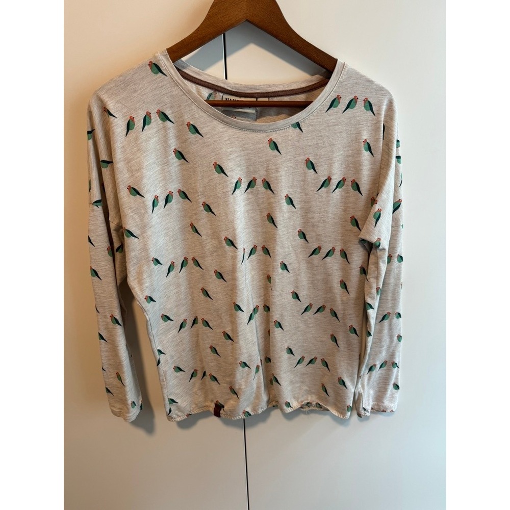Naketano Women Bird Print Long Sleeve Top Gray Size M Nature Sustainable Earthy - Picture 2 of 6